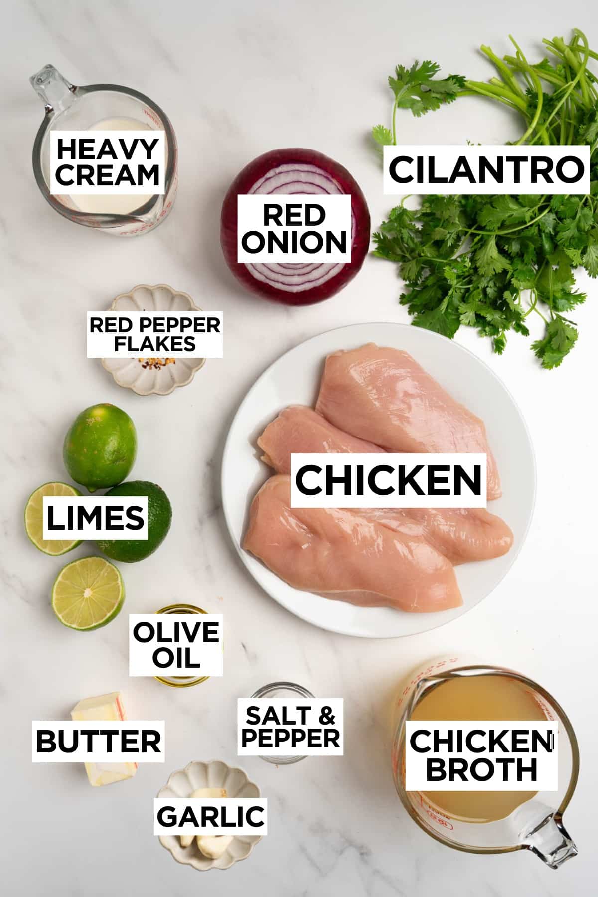 cilantro lime chicken ingredients in bowls with overlay text.