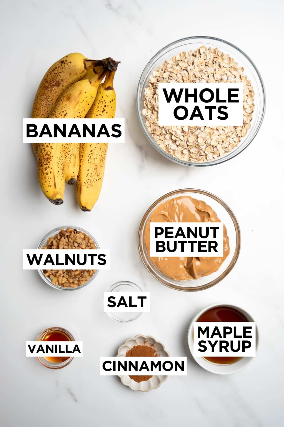 ingredients in bowls for banana breakfast cookies.