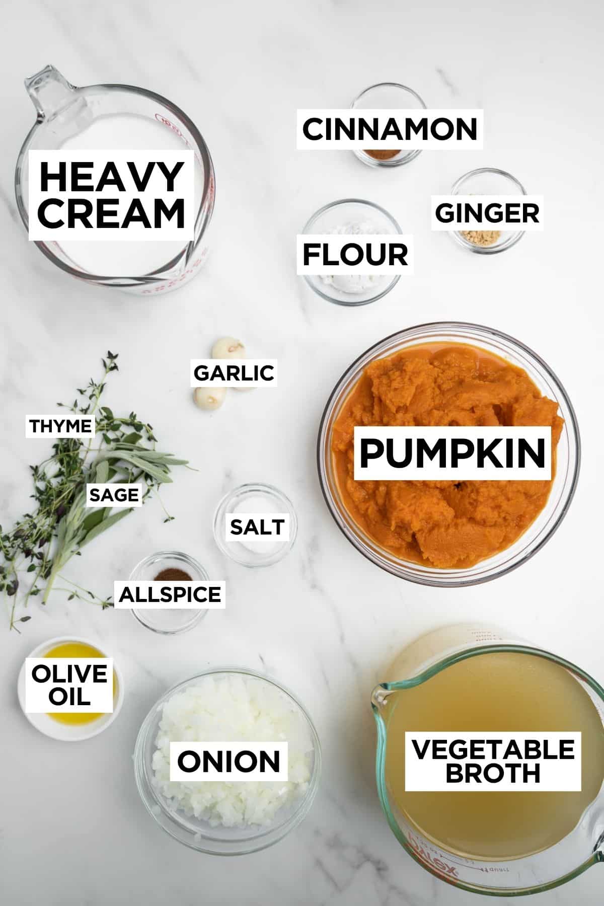 ingredients for creamy pumpkin soup in bowls with overlap text.