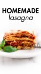 slice of lasagna with overlay text.