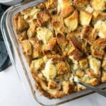 French toast casserole in a glass baking dish.