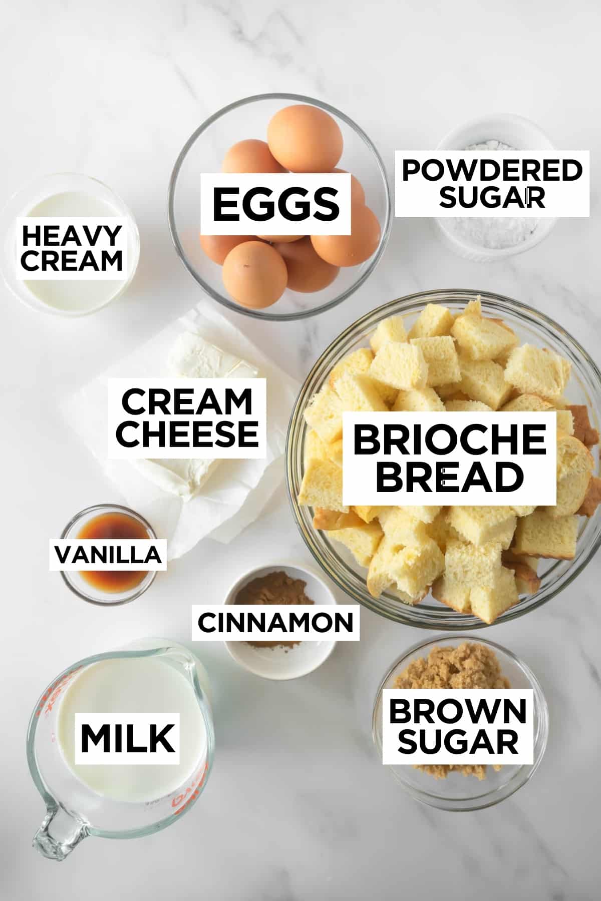 ingredients for French toast casserole with overlay text.