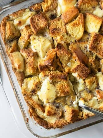French toast casserole in a glass baking dish.