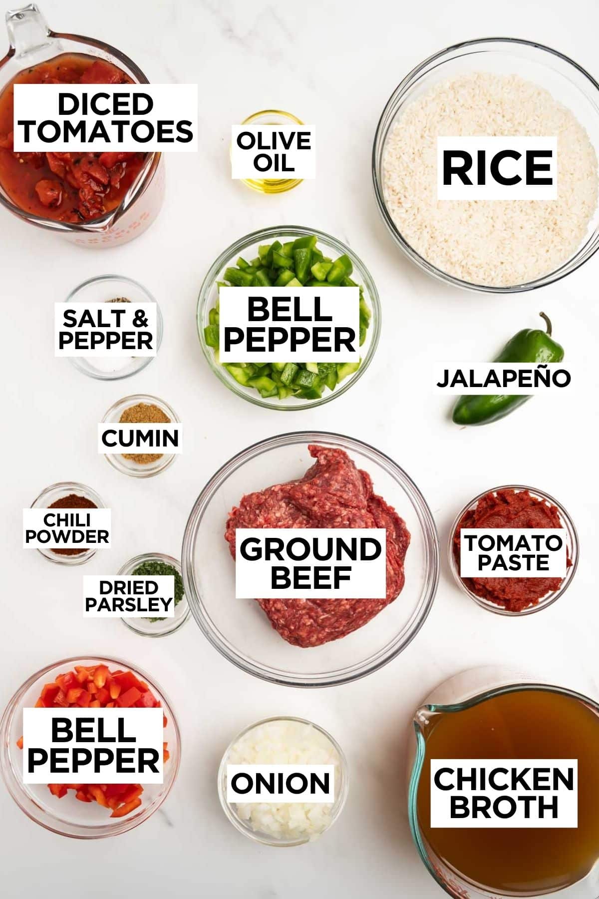 ingredients for stuffed pepper soup in bowls with overlay text.