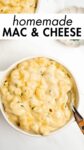 mac and cheese in a bowl with overlay text.