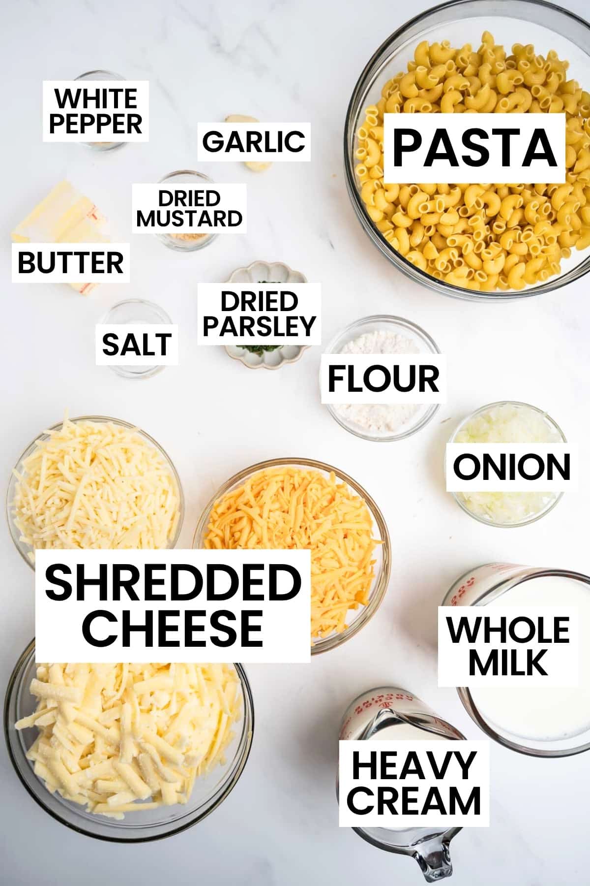ingredients for easy mac and cheese in bowls with overlay text.