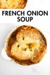 2 bowls of French onion soup with melted cheese with overlay text.