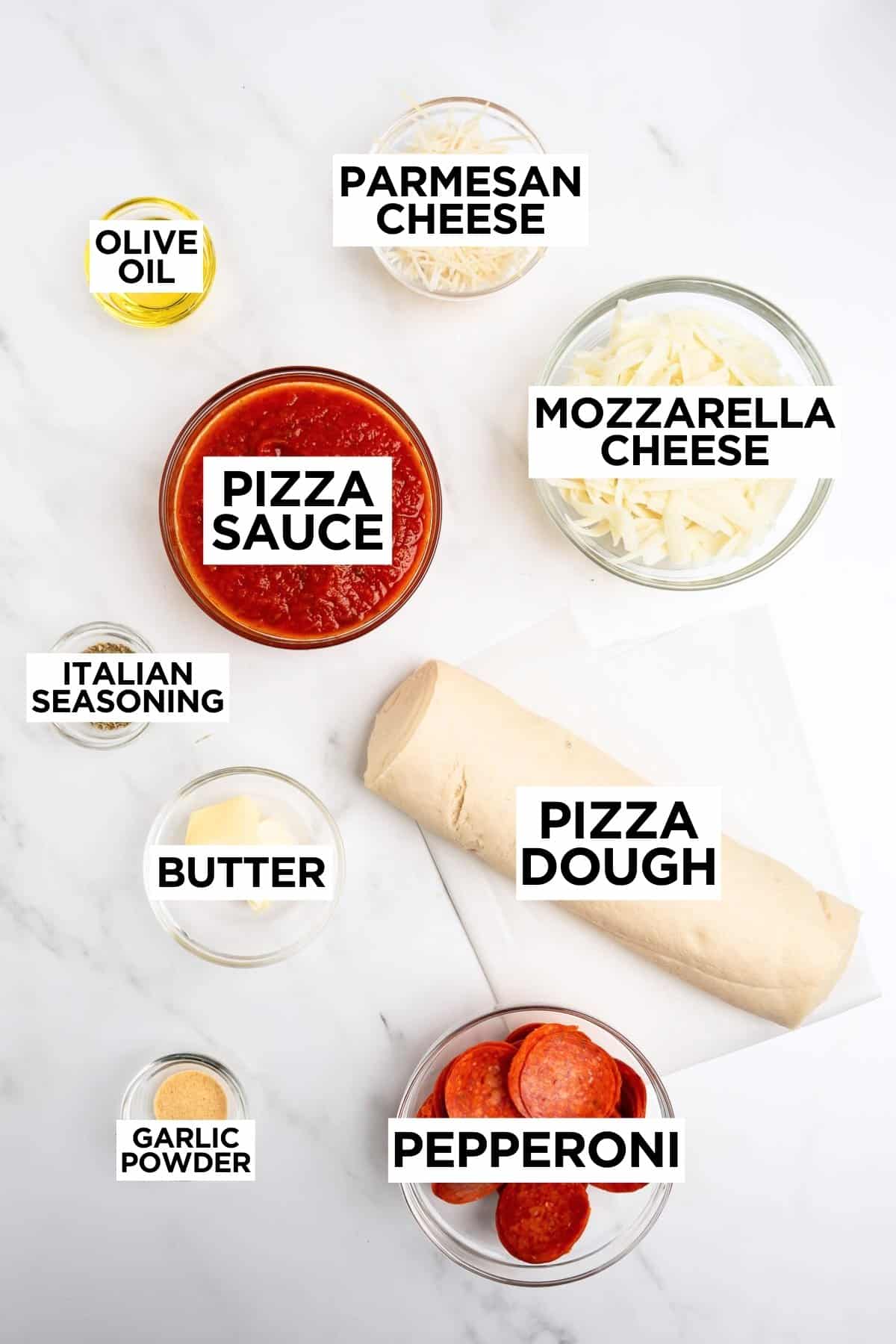 ingredients for pepperoni pizza rolls with overlay text.