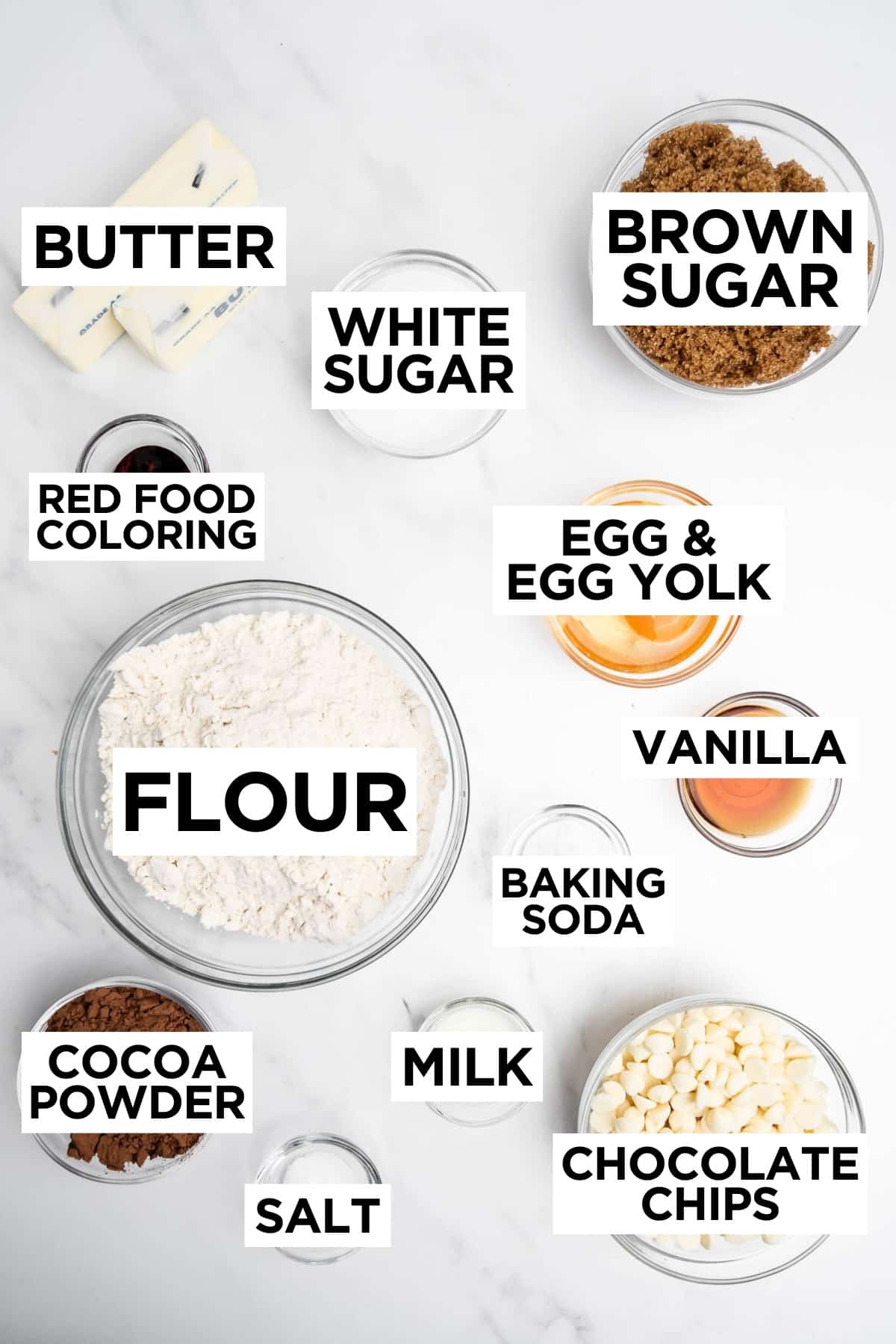 ingredients for red velvet chocolate chip cookies with overlay text.