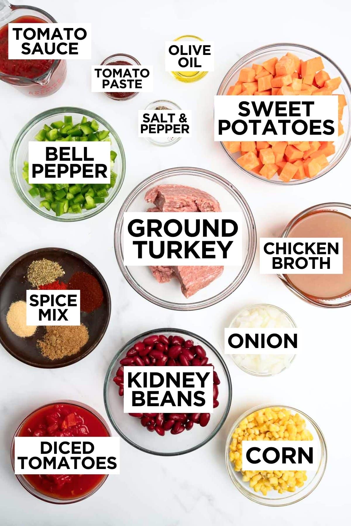 ingredients with sweet potato turkey chili in bowls with overlay text.