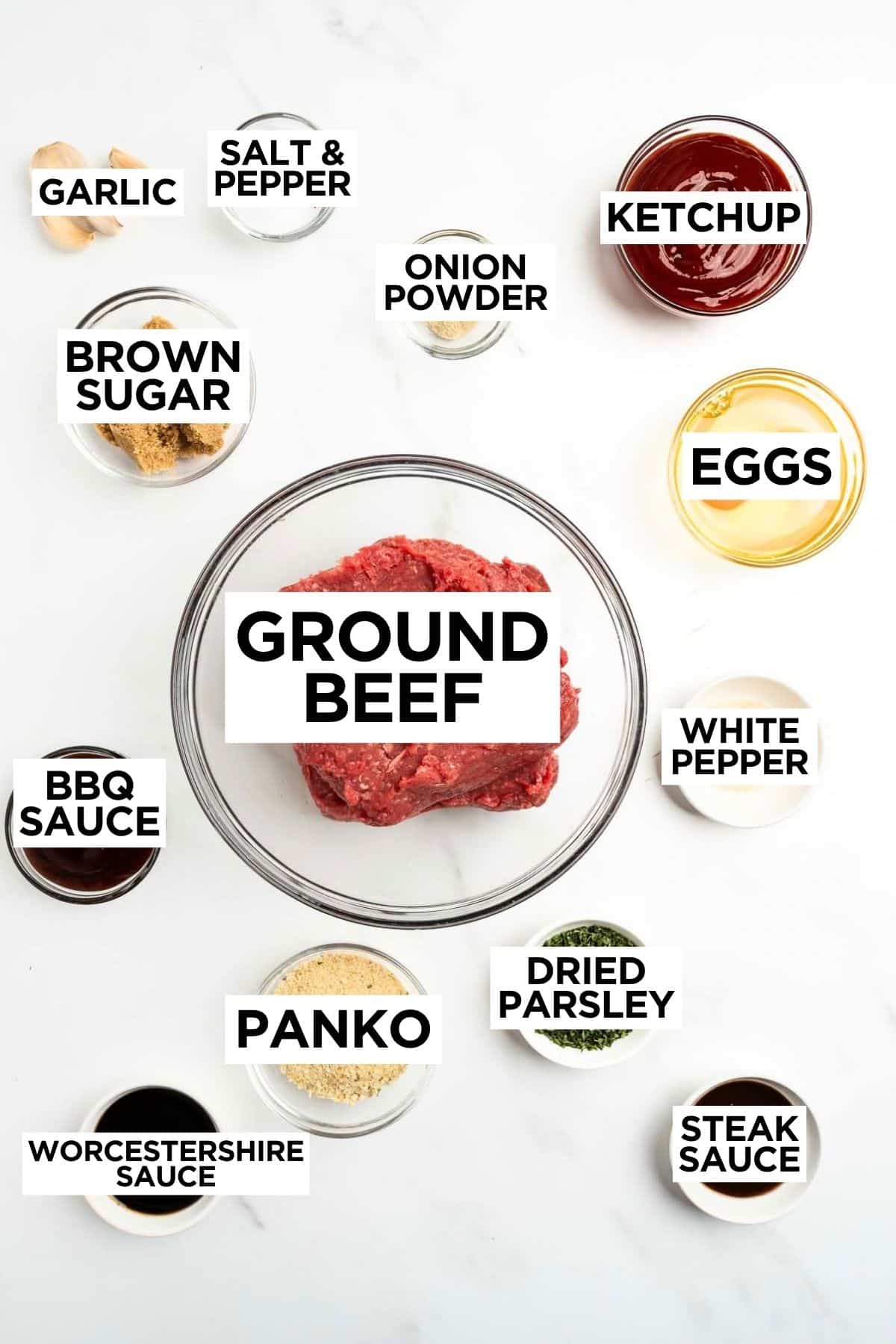 ingredients for meatloaf recipe in bowls with overlay text.