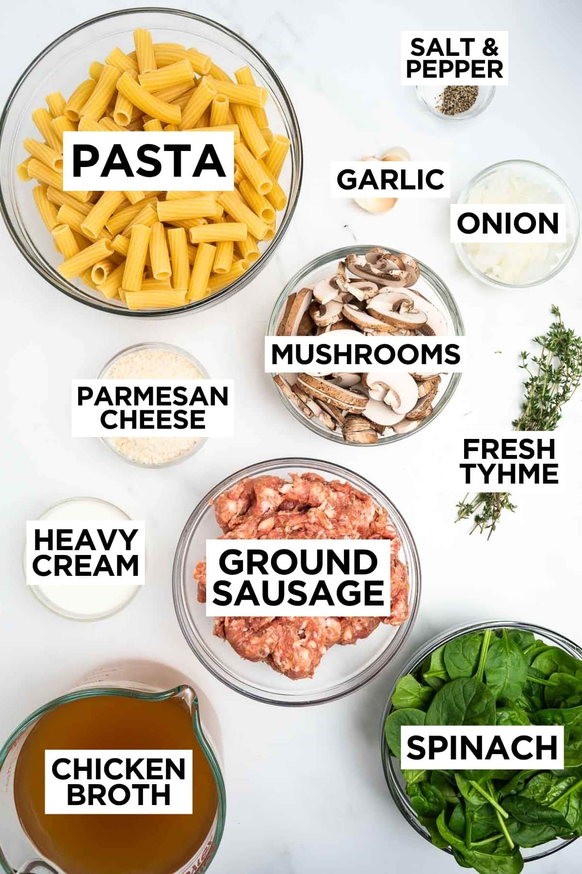 creamy Italian sausage pasta ingredients in bowls with overlay text.