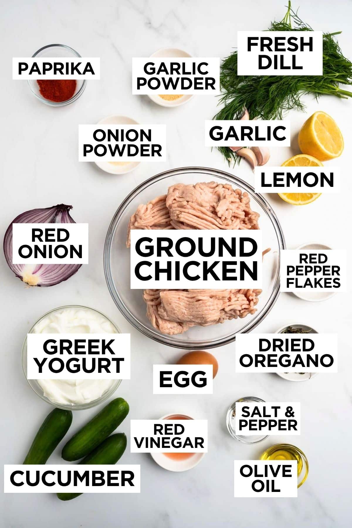 ingredients for Greek chicken meatballs in bowls with overlay text.