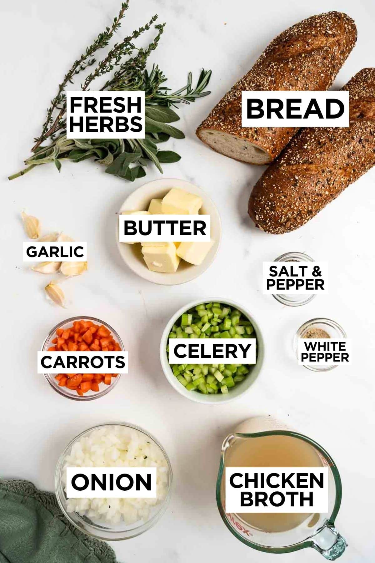 stuffing ingredients in bowls with overlay text.