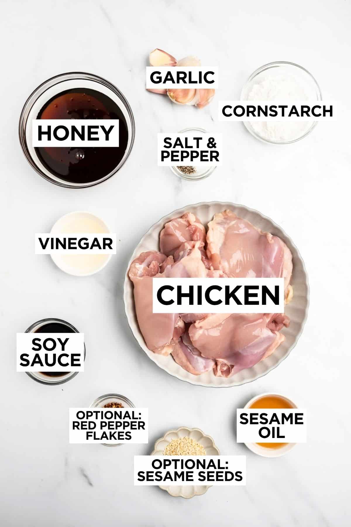 ingredients for honey garlic chicken in bowls with overlay text.