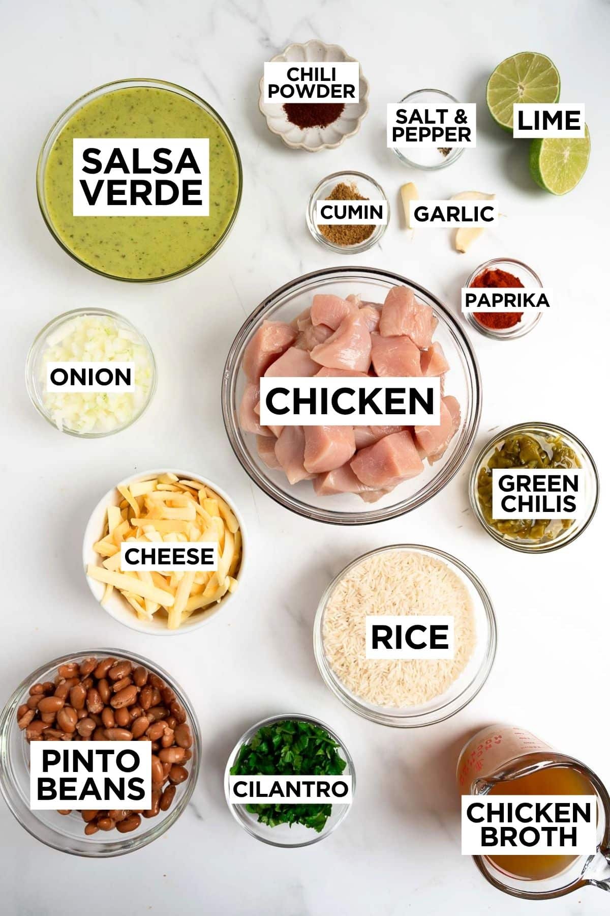 ingredients for salsa verde chicken bake in bowls with overlay text.